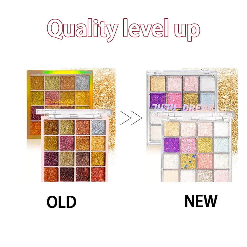 16-Color Glitter Eyeshadow – Pumpkin, Cherry, Blue, Purple Shades, Bold Party Looks, Long-Wear, Certified, Unisex, Skin-Friendly