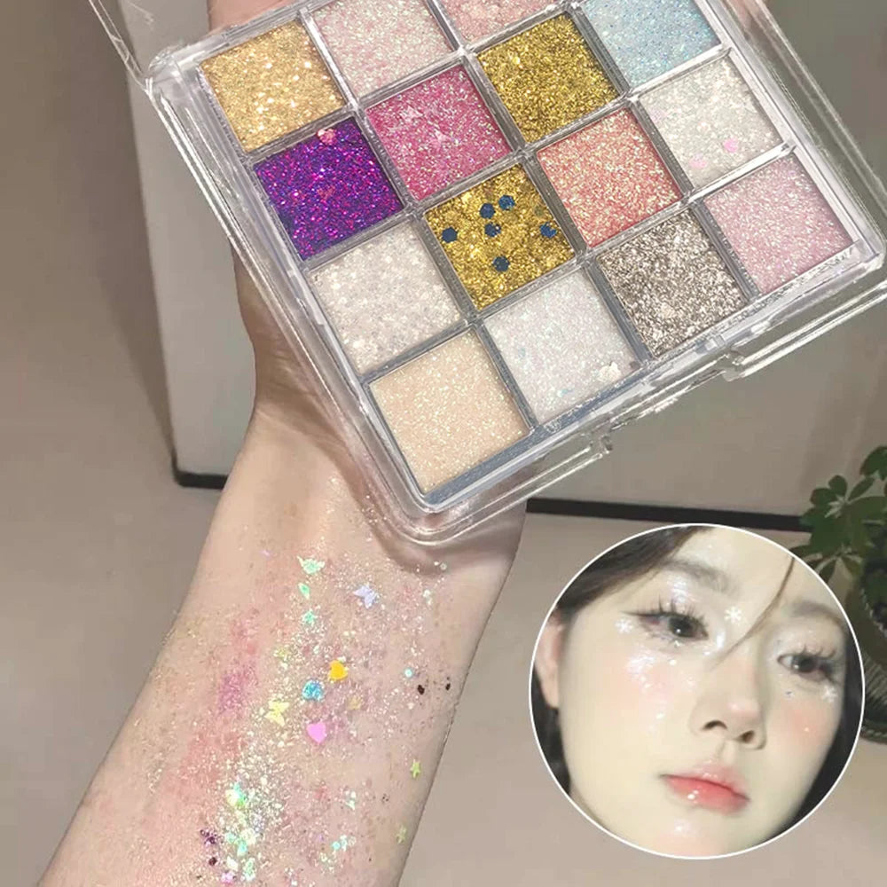 16-Color Glitter Eyeshadow – Pumpkin, Cherry, Blue, Purple Shades, Bold Party Looks, Long-Wear, Certified, Unisex, Skin-Friendly