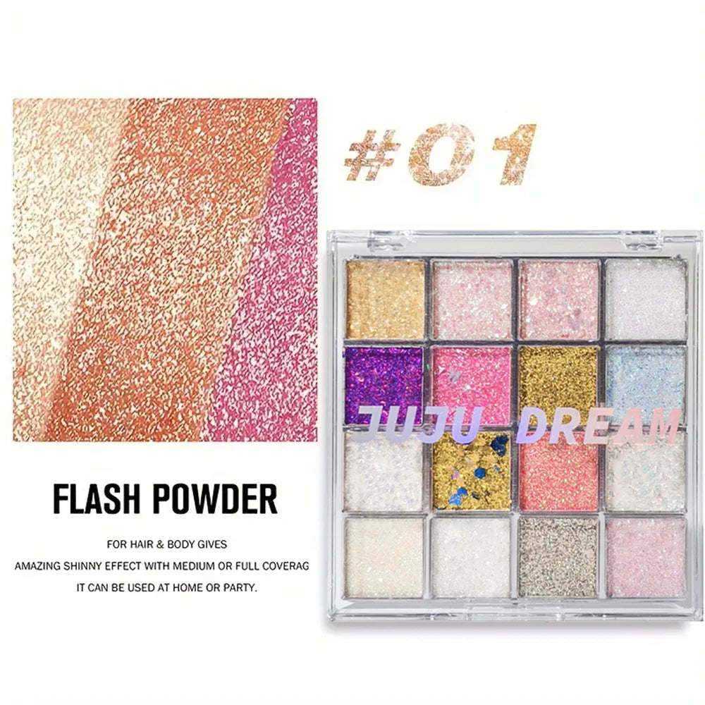 16-Color Glitter Eyeshadow – Pumpkin, Cherry, Blue, Purple Shades, Bold Party Looks, Long-Wear, Certified, Unisex, Skin-Friendly