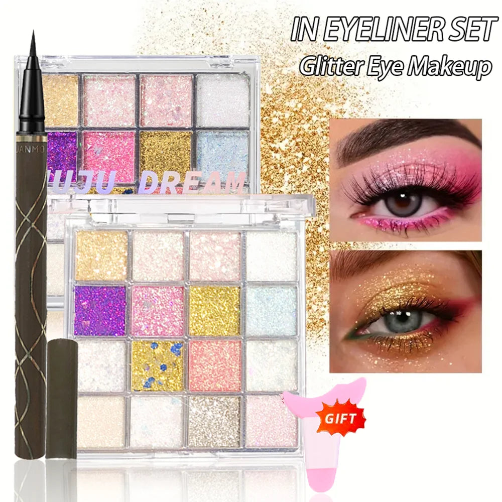16-Color Glitter Eyeshadow – Pumpkin, Cherry, Blue, Purple Shades, Bold Party Looks, Long-Wear, Certified, Unisex, Skin-Friendly