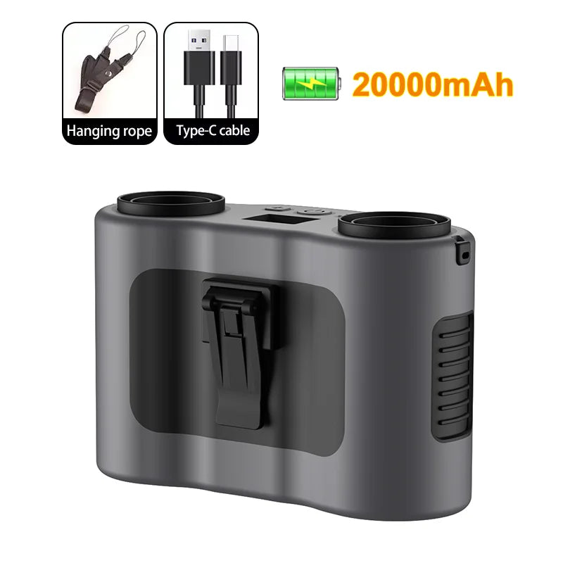20000Mah Waist Fan Portable Clip Fan With Double Wind Outlet Mini Wearable Hanging Neck Fan For Outdoor Sport