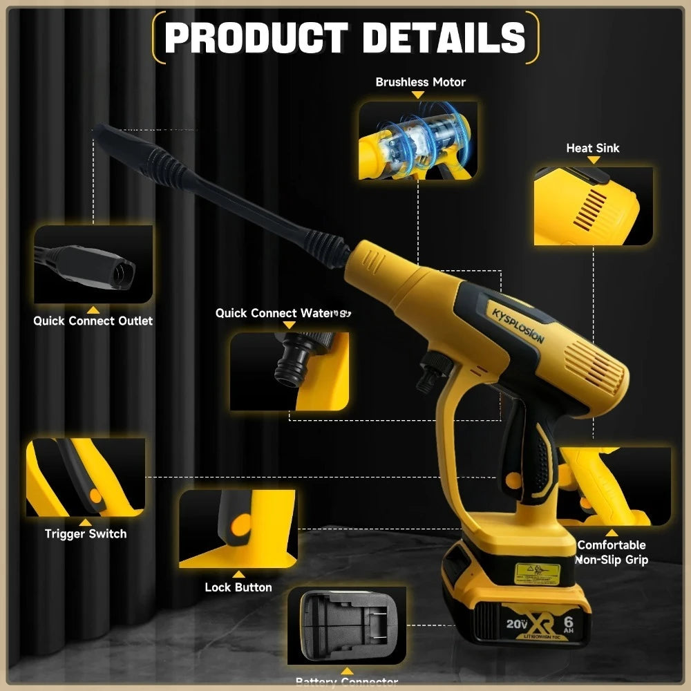 Cordless Pressure Washer 380W Portable High-Pressure Brushless Car Washer Gun 653PSI 3-Speed For Dewalt 20V tools Battery