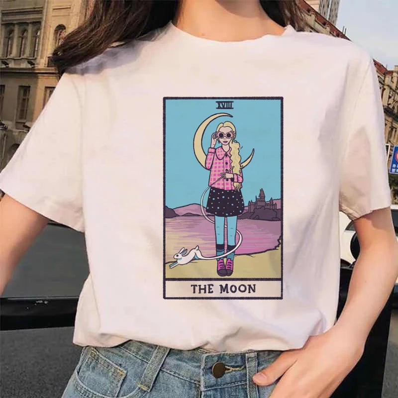 Women's Tarot Card Flower Funny Time Ladies Cartoon Fashion Short Sleeve Summer Printed T-shirt Women's T-shirt Top Pattern.