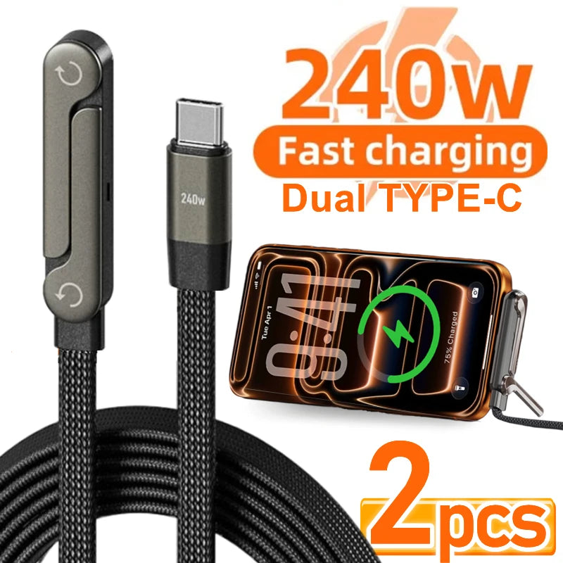 240W PD Type C Fast Charging Cable With Phone Holder Stand Bracket for Gaming Video 90°Ellow Data Cord for IPhone 17 16 15 PM Mi