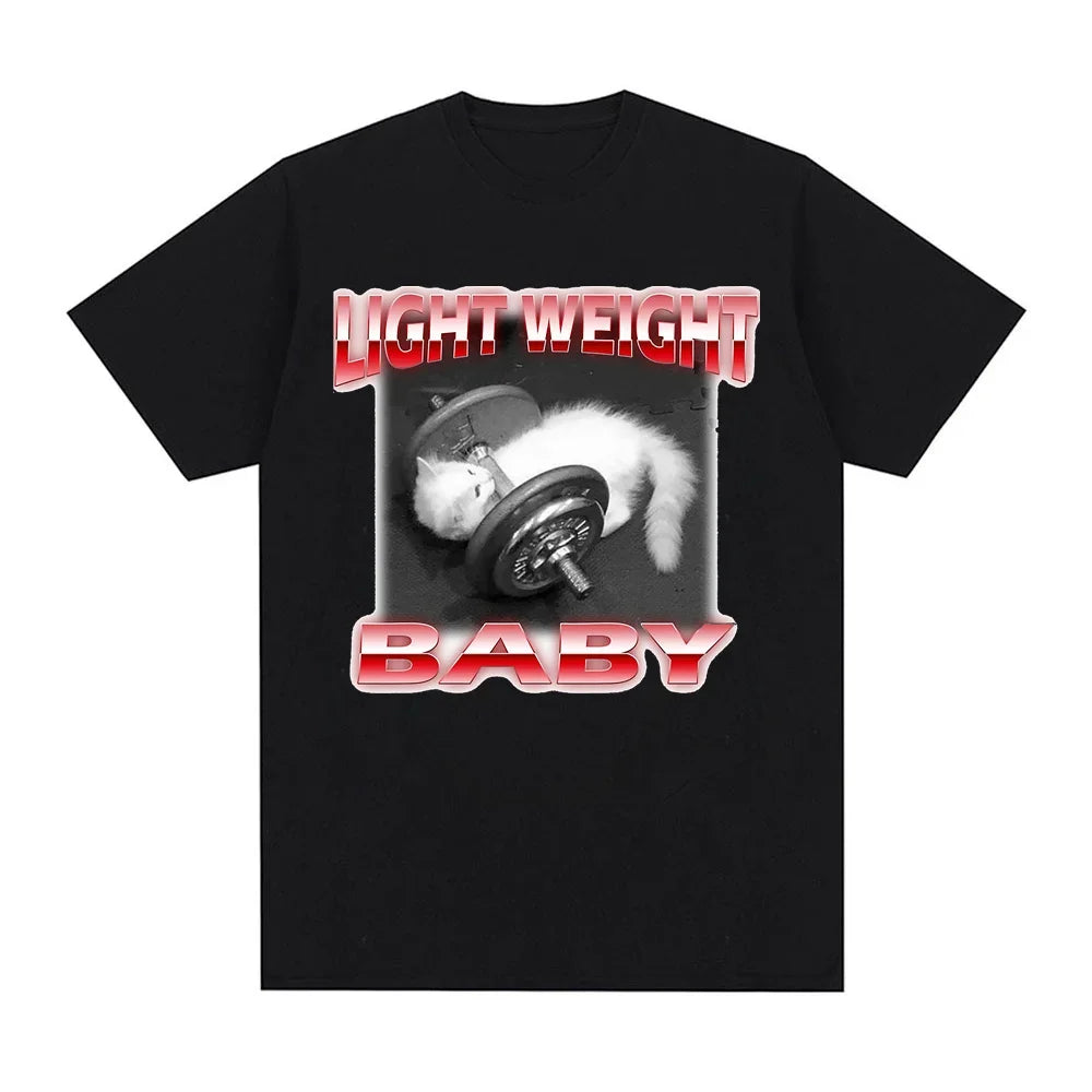 Funny Cute Cat Dumbbell Print Crew Neck T-shirt CasualLoose Short Sleeve Fashion Summer T-ShirtsTops Women's Clothing