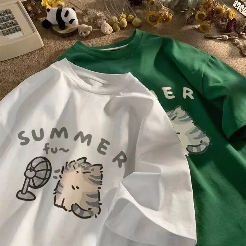Korean Minimalist Cartoon  Cute Cat Printed Summer T-shirt Casual Round Neck Short Sleeves Creative Fashion Women's Clothing