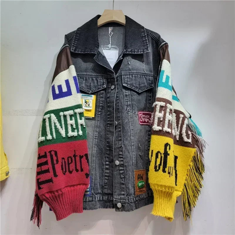 Alphabet badge denim coat knitted spliced sleeves sweater fringed jeans jacket street wear wool sweater