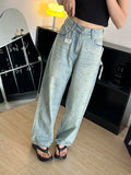 Jeans Spring High Waist Long Pant Women Diamond Bling Fashion Casual Loose Pleated Ladies Trousers Korean Wide Leg Woman Pants