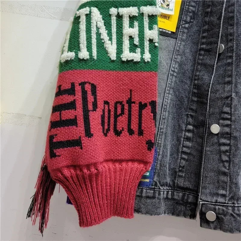 Alphabet badge denim coat knitted spliced sleeves sweater fringed jeans jacket street wear wool sweater