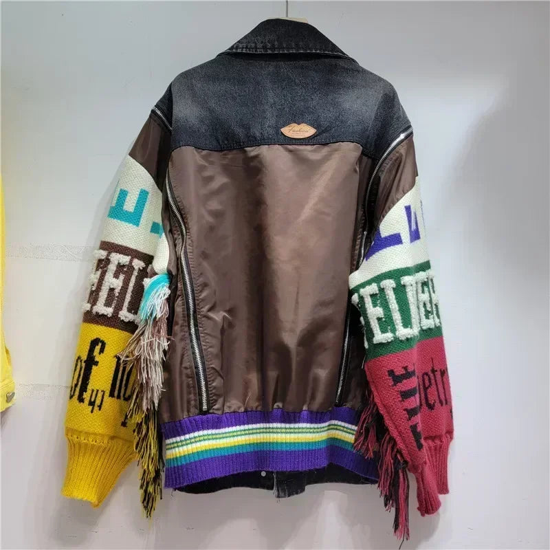 Alphabet badge denim coat knitted spliced sleeves sweater fringed jeans jacket street wear wool sweater