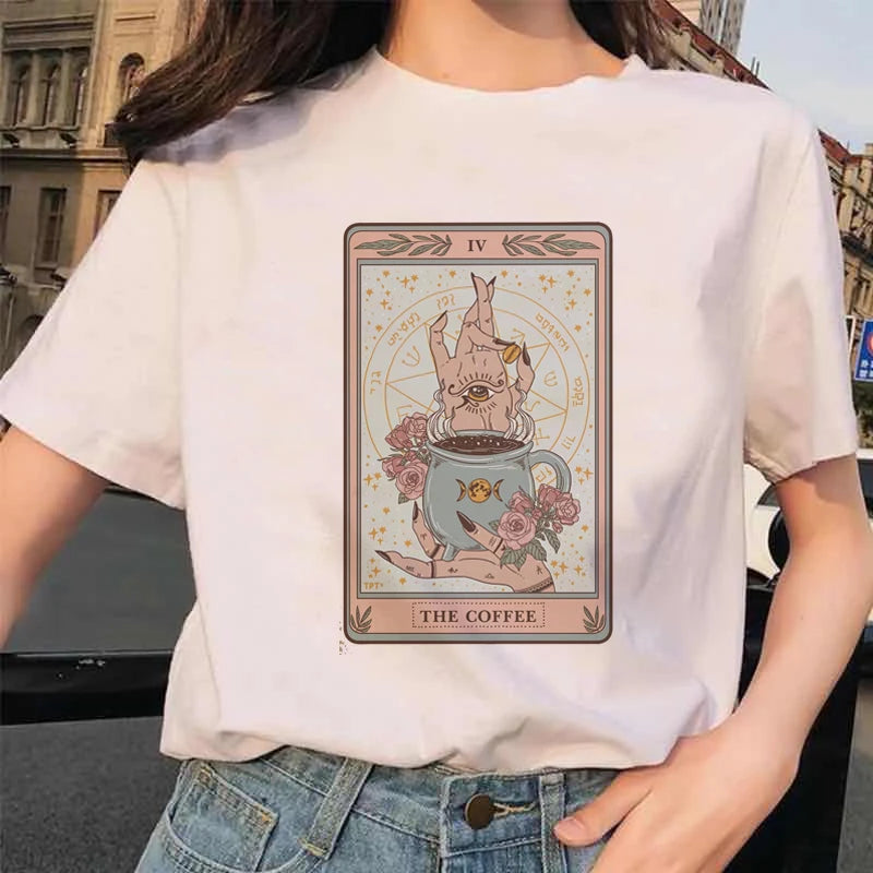 Women's Tarot Card Flower Funny Time Ladies Cartoon Fashion Short Sleeve Summer Printed T-shirt Women's T-shirt Top Pattern.