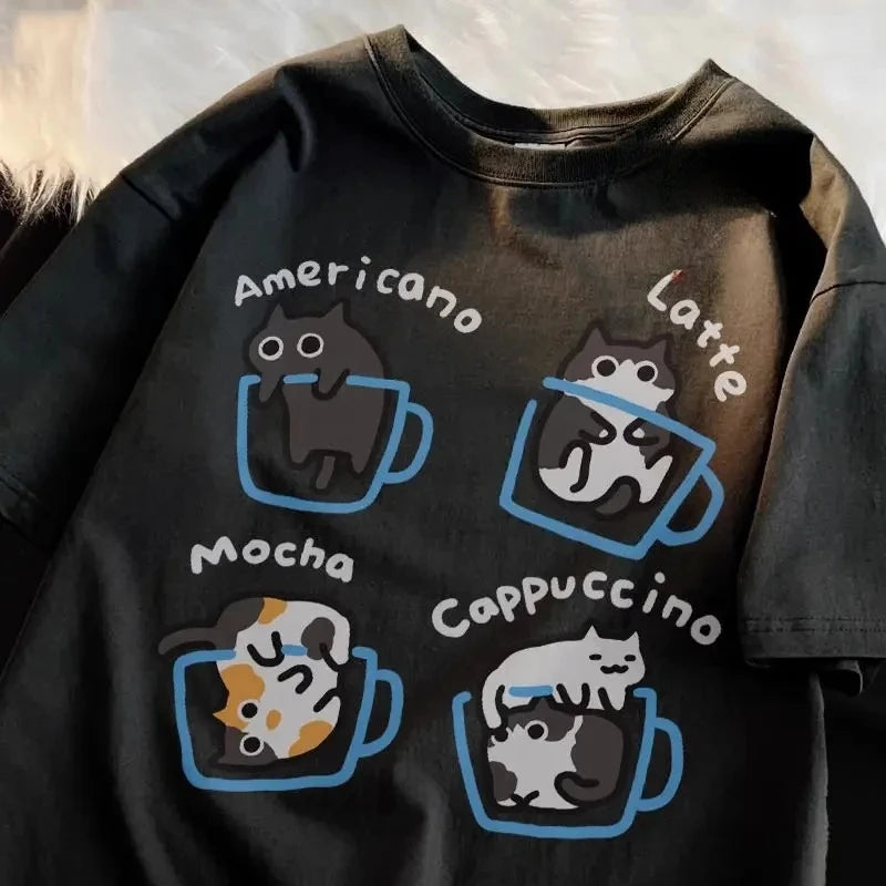 Cat Coffee Print T-shirt Women's Summer New Round Neck Cute Cat Casual Summer Streetwear Casual Woman Clothing
