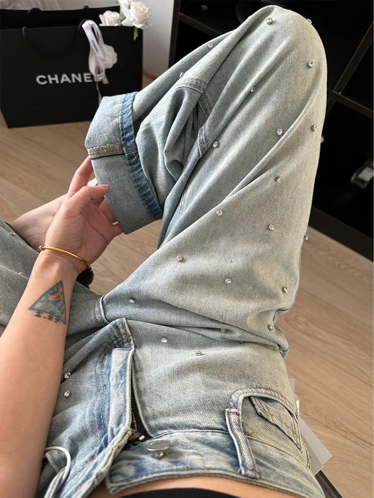 Jeans Spring High Waist Long Pant Women Diamond Bling Fashion Casual Loose Pleated Ladies Trousers Korean Wide Leg Woman Pants