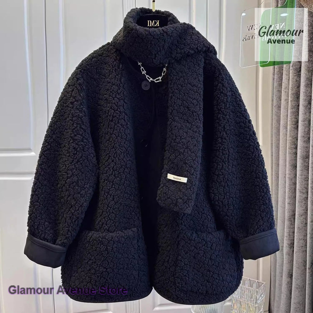 Korean-style lambswool coat women's autumn and winter new fashion sweater hooded loose Joker leisure thickened plus size coat.