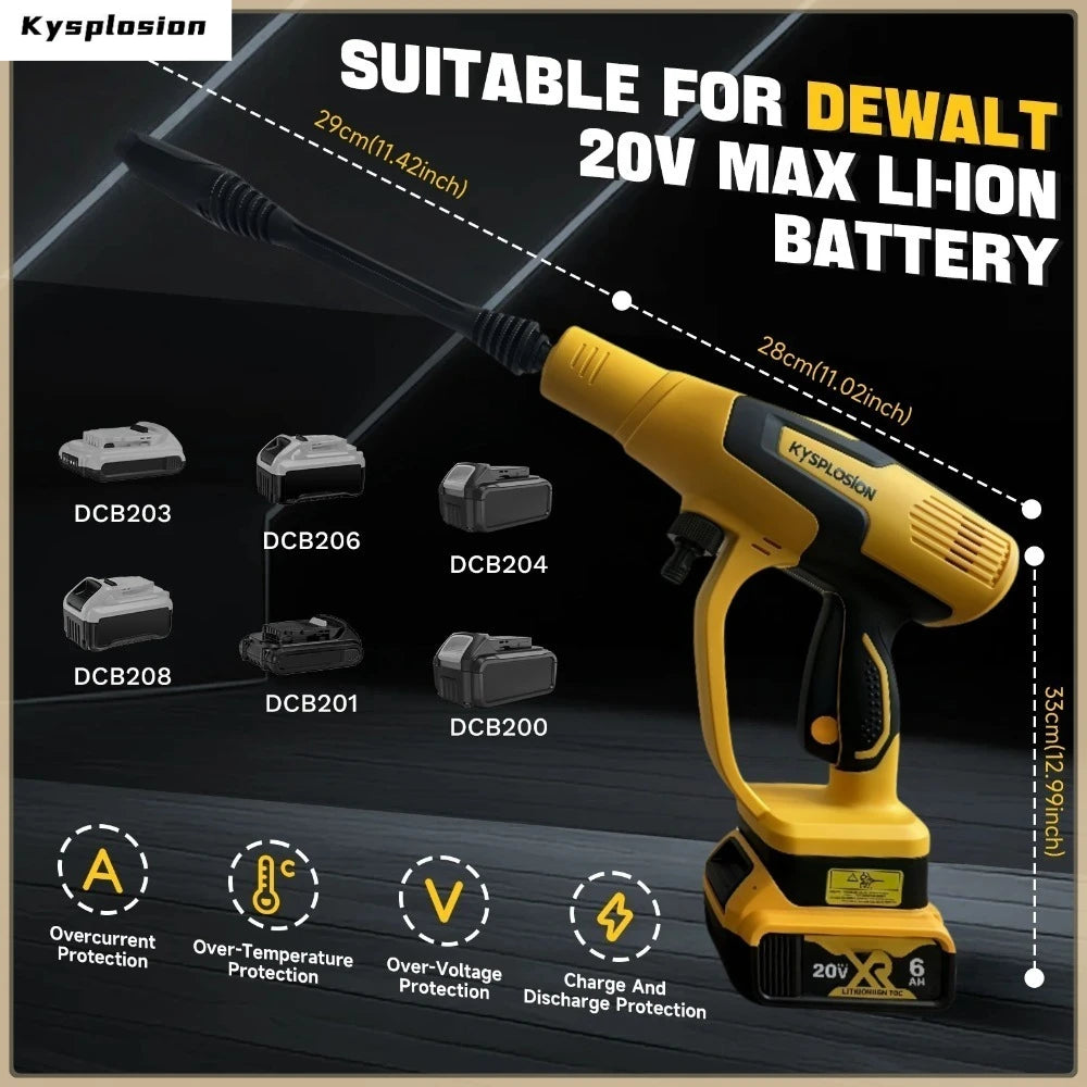 Cordless Pressure Washer 380W Portable High-Pressure Brushless Car Washer Gun 653PSI 3-Speed For Dewalt 20V tools Battery