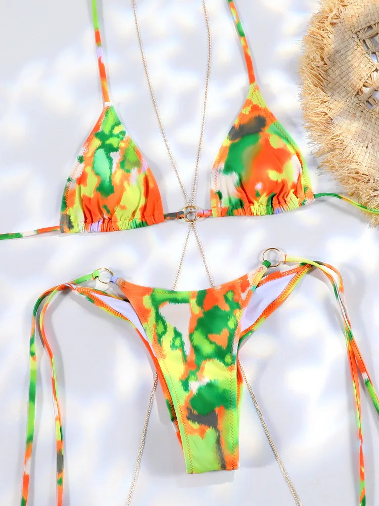 New Sexy Printed Backless Women's Split Swimsuit Casual Floral Pattern Lace Up Three Ring Belt with Chest Cushion Bikini Set
