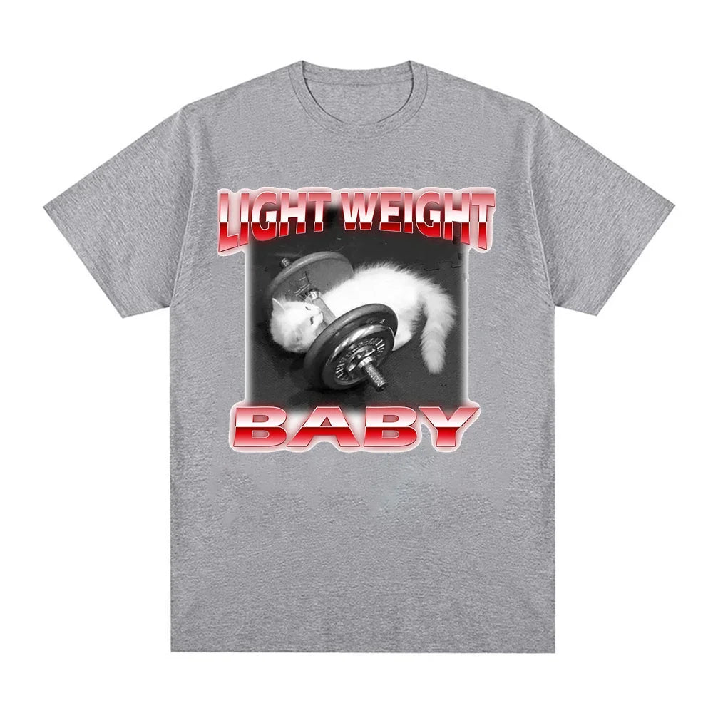 Funny Cute Cat Dumbbell Print Crew Neck T-shirt CasualLoose Short Sleeve Fashion Summer T-ShirtsTops Women's Clothing