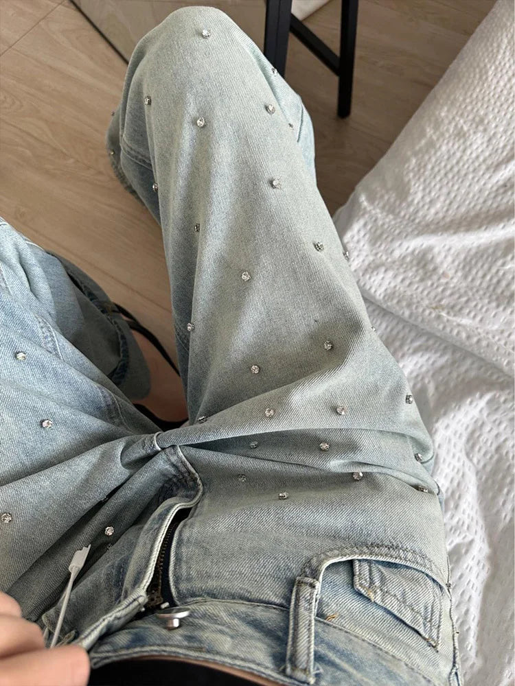 Jeans Spring High Waist Long Pant Women Diamond Bling Fashion Casual Loose Pleated Ladies Trousers Korean Wide Leg Woman Pants