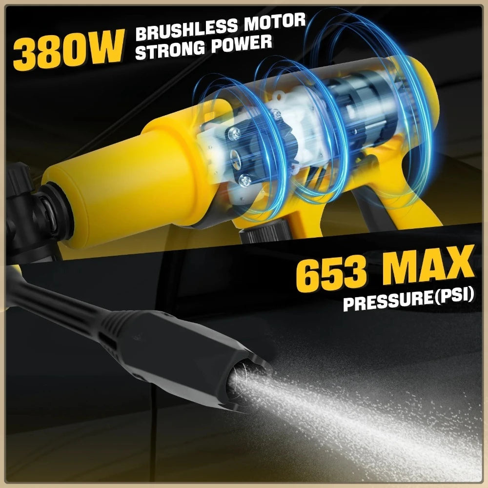 Cordless Pressure Washer 380W Portable High-Pressure Brushless Car Washer Gun 653PSI 3-Speed For Dewalt 20V tools Battery