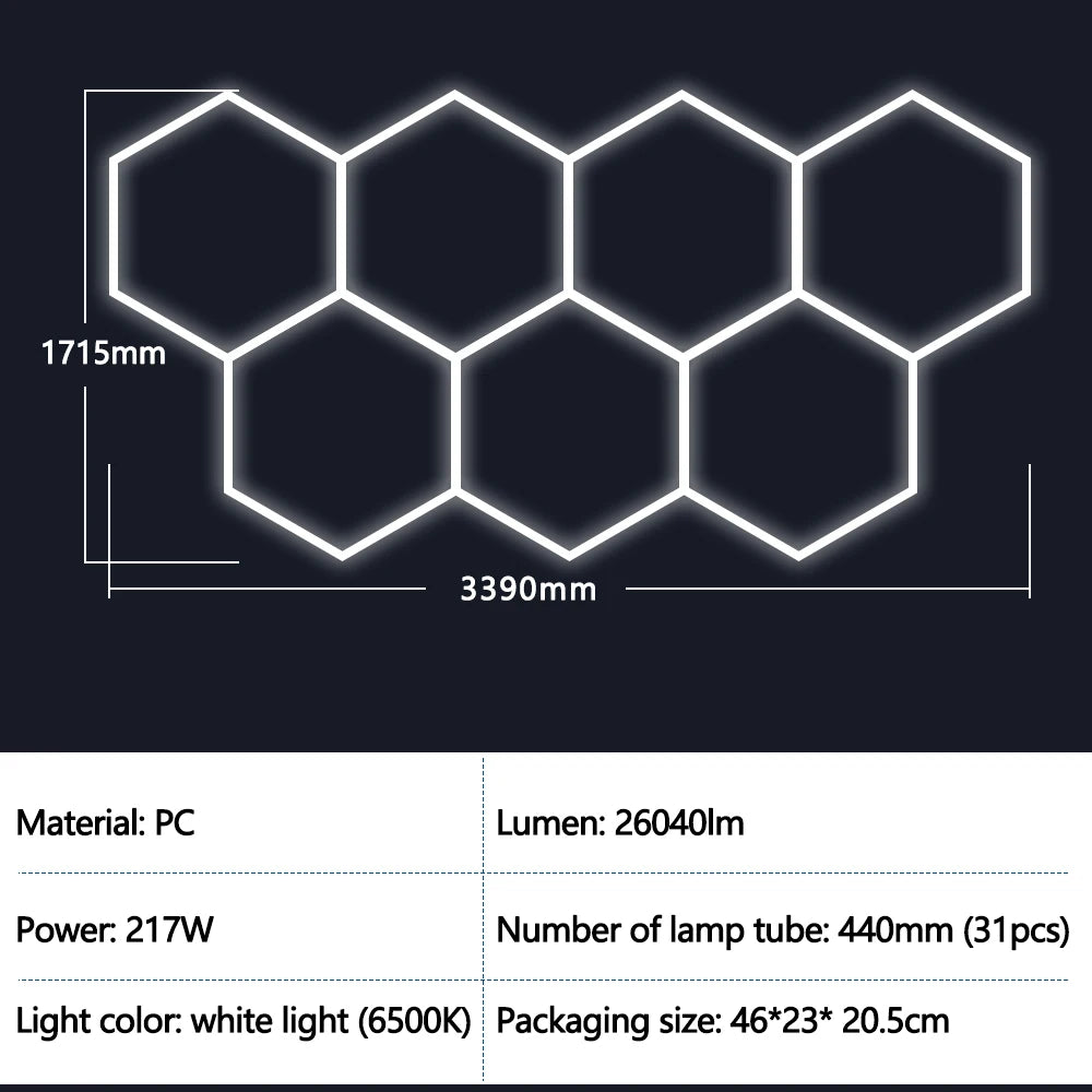Hexagon Garage Lights Grids LED Ceiling Lamp 6500K Super Bright Honeycomb Lights Ceiling for Warehouse Car Shop Exhibition Hall