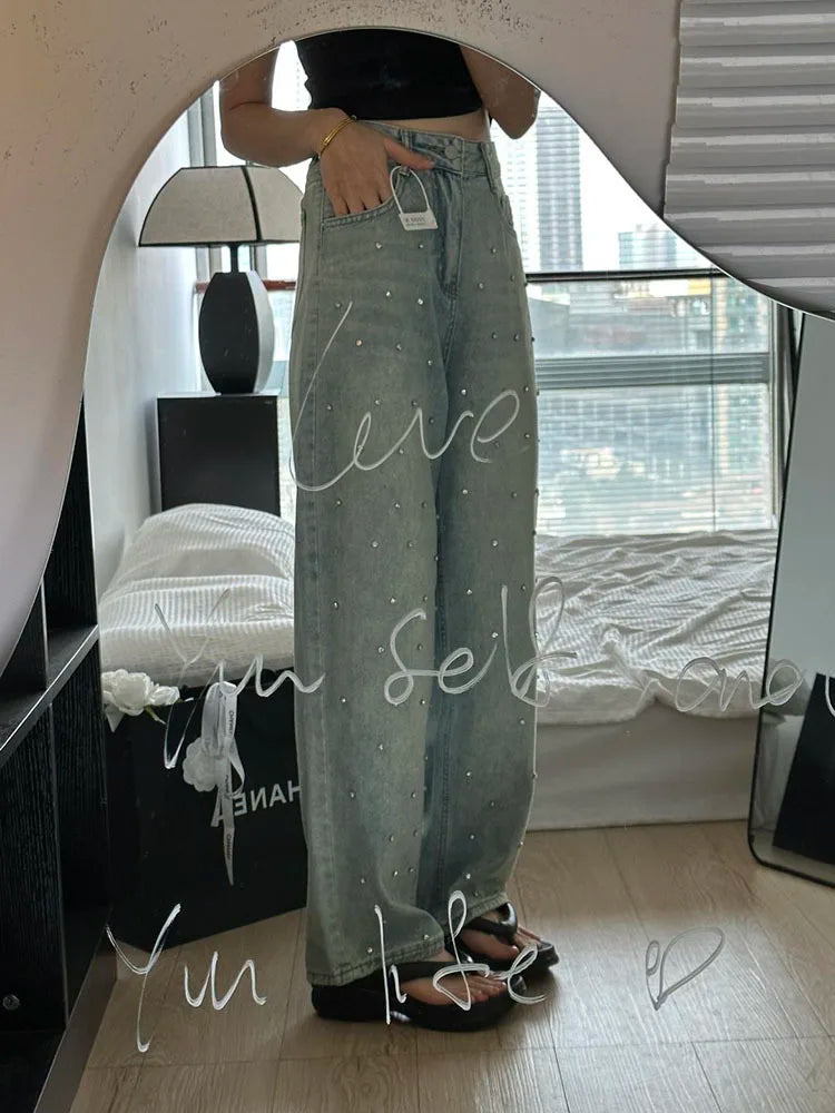 Jeans Spring High Waist Long Pant Women Diamond Bling Fashion Casual Loose Pleated Ladies Trousers Korean Wide Leg Woman Pants