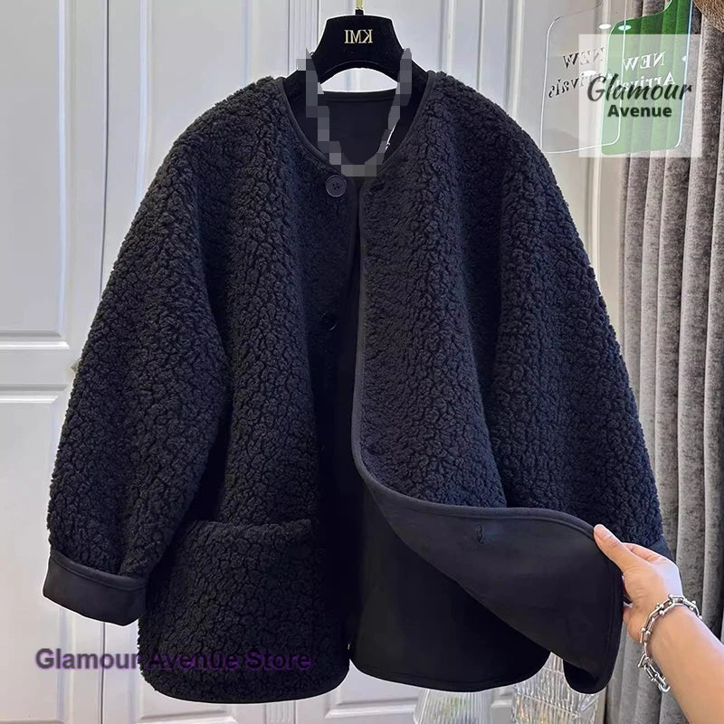 Korean-style lambswool coat women's autumn and winter new fashion sweater hooded loose Joker leisure thickened plus size coat.