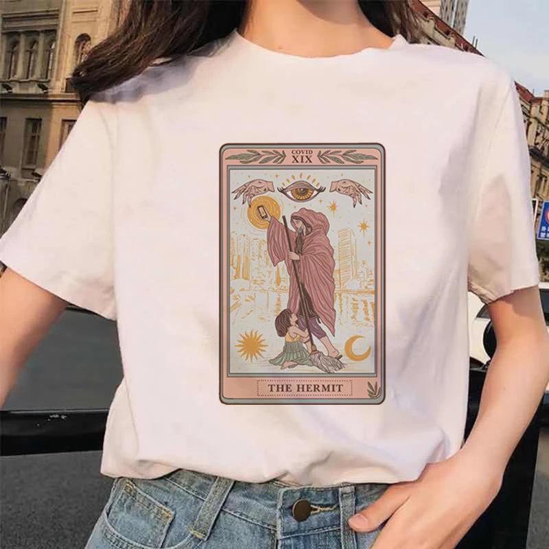 Women's Tarot Card Flower Funny Time Ladies Cartoon Fashion Short Sleeve Summer Printed T-shirt Women's T-shirt Top Pattern.
