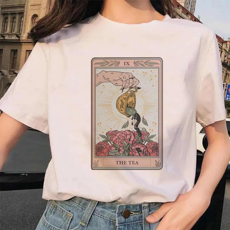 Women's Tarot Card Flower Funny Time Ladies Cartoon Fashion Short Sleeve Summer Printed T-shirt Women's T-shirt Top Pattern.