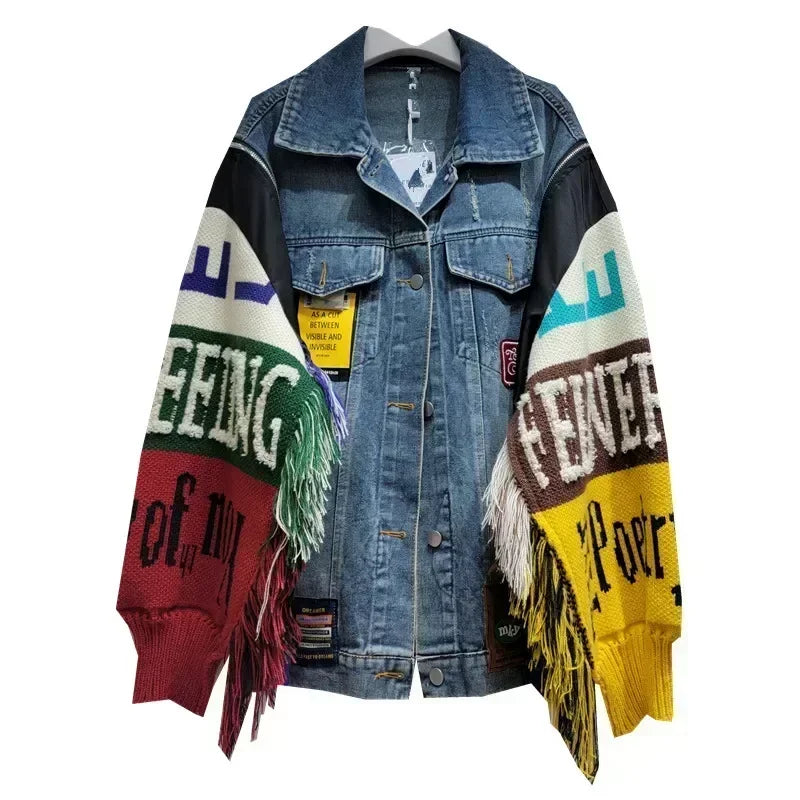 Alphabet badge denim coat knitted spliced sleeves sweater fringed jeans jacket street wear wool sweater