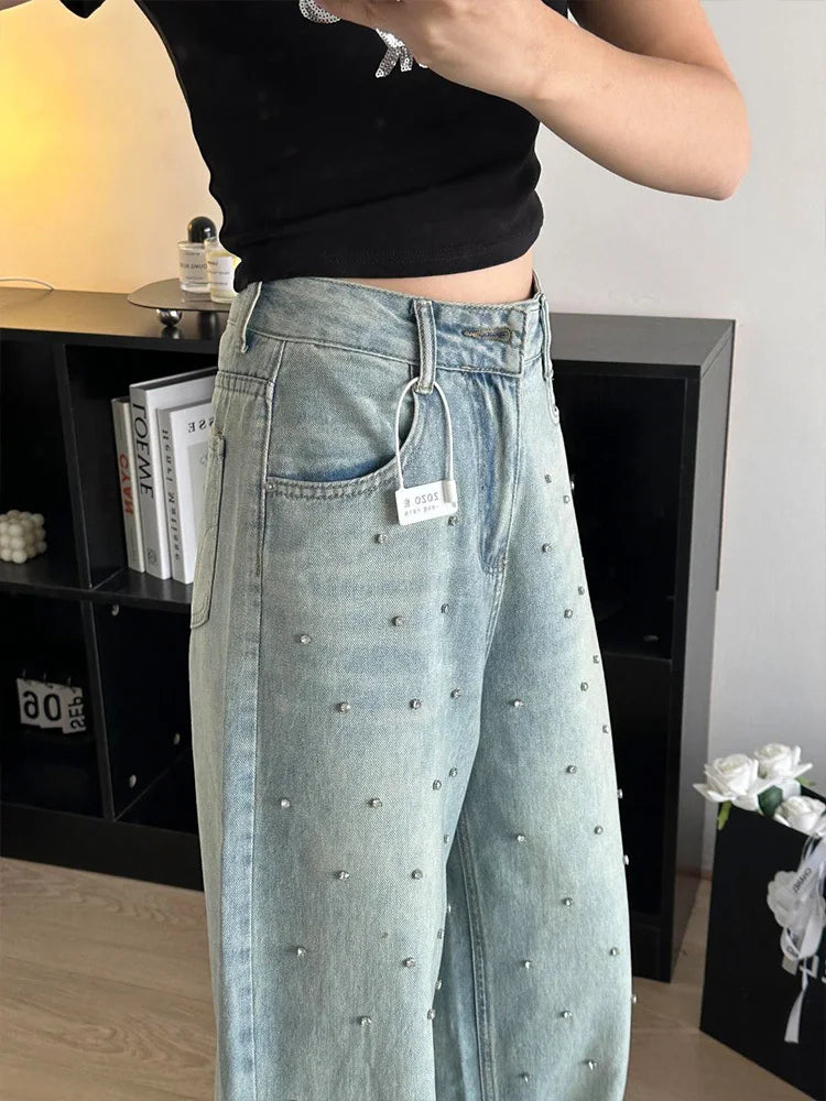 Jeans Spring High Waist Long Pant Women Diamond Bling Fashion Casual Loose Pleated Ladies Trousers Korean Wide Leg Woman Pants