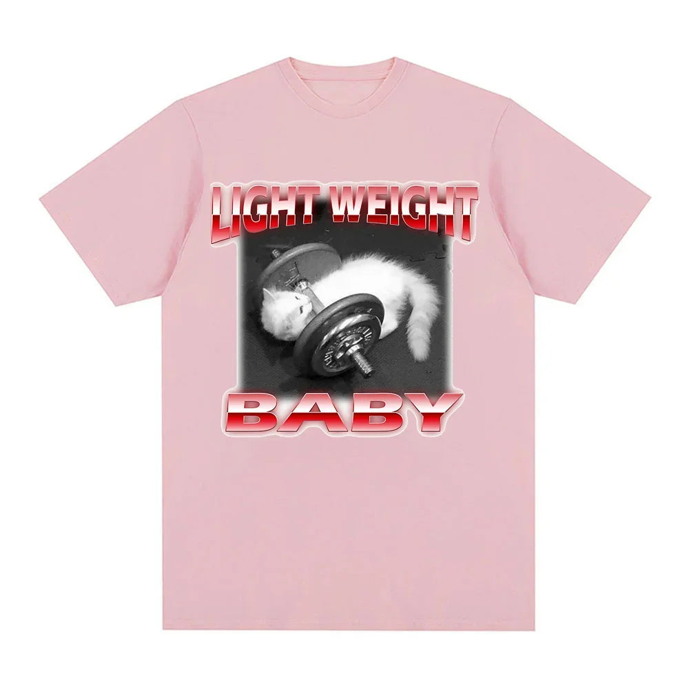 Funny Cute Cat Dumbbell Print Crew Neck T-shirt CasualLoose Short Sleeve Fashion Summer T-ShirtsTops Women's Clothing