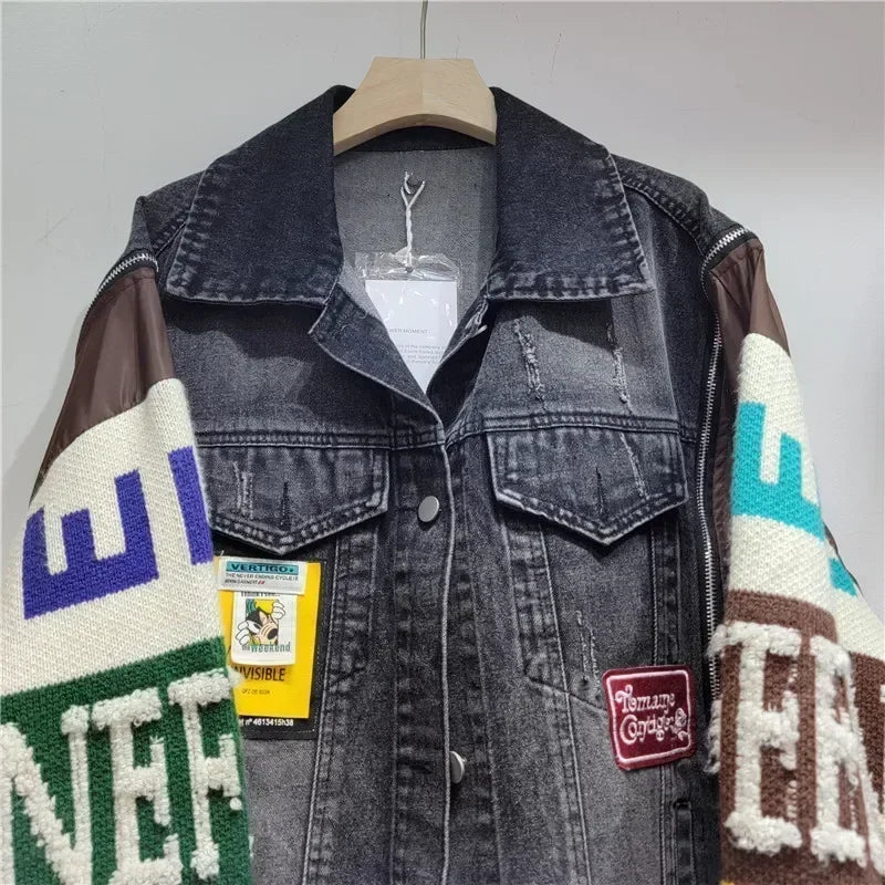 Alphabet badge denim coat knitted spliced sleeves sweater fringed jeans jacket street wear wool sweater