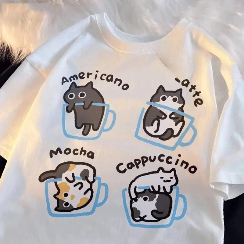 Cat Coffee Print T-shirt Women's Summer New Round Neck Cute Cat Casual Summer Streetwear Casual Woman Clothing