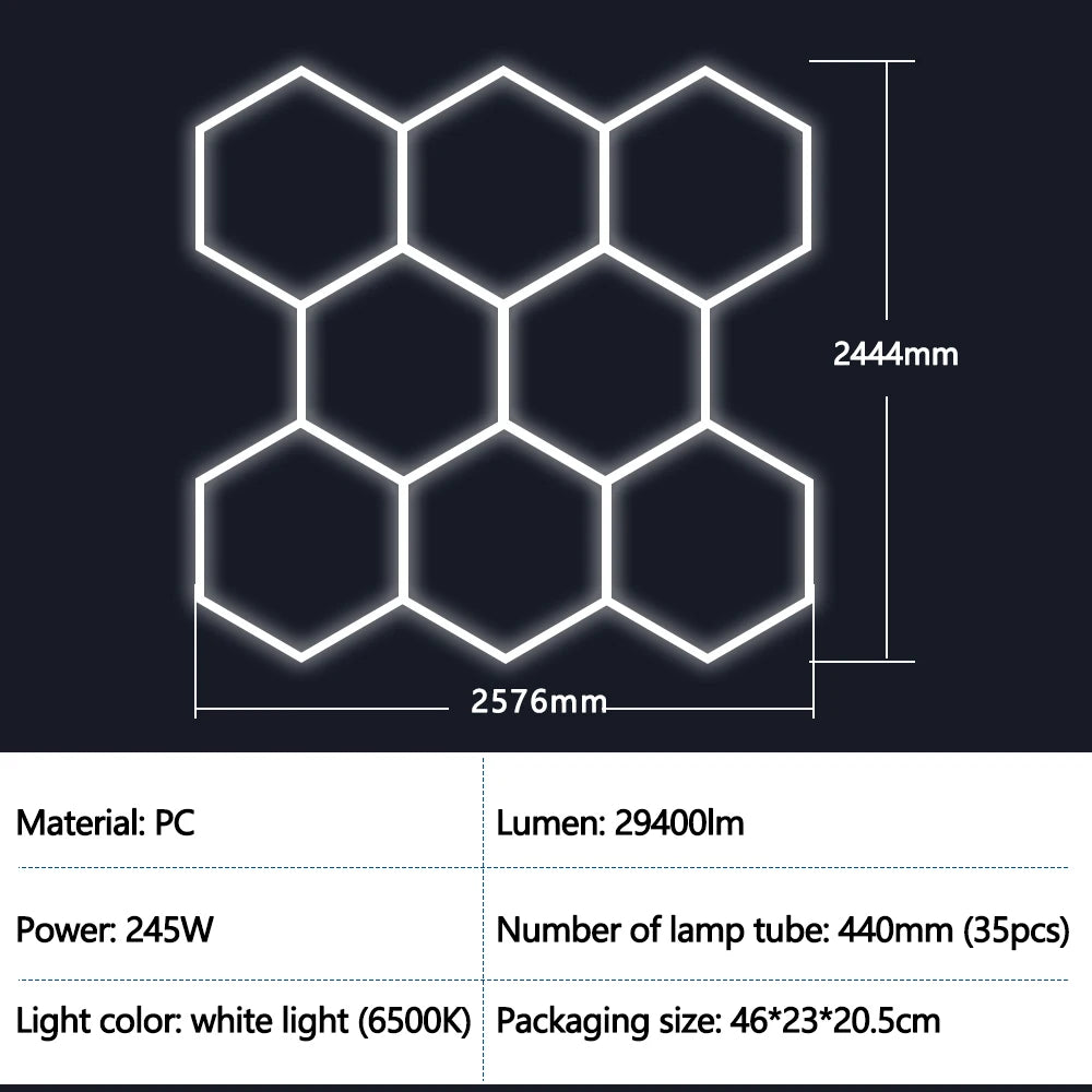 Hexagon Garage Lights Grids LED Ceiling Lamp 6500K Super Bright Honeycomb Lights Ceiling for Warehouse Car Shop Exhibition Hall