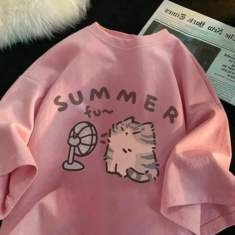 Korean Minimalist Cartoon  Cute Cat Printed Summer T-shirt Casual Round Neck Short Sleeves Creative Fashion Women's Clothing