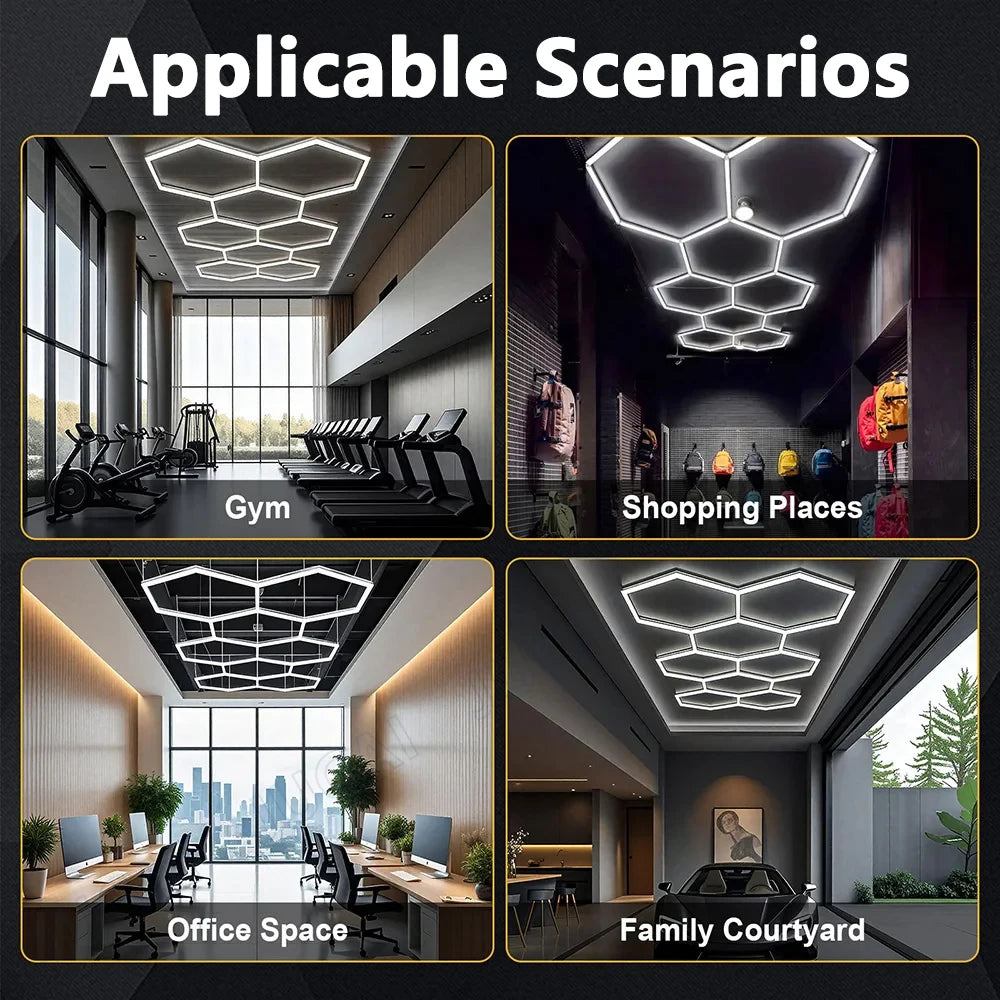 Hexagon Garage Lights Grids LED Ceiling Lamp 6500K Super Bright Honeycomb Lights Ceiling for Warehouse Car Shop Exhibition Hall