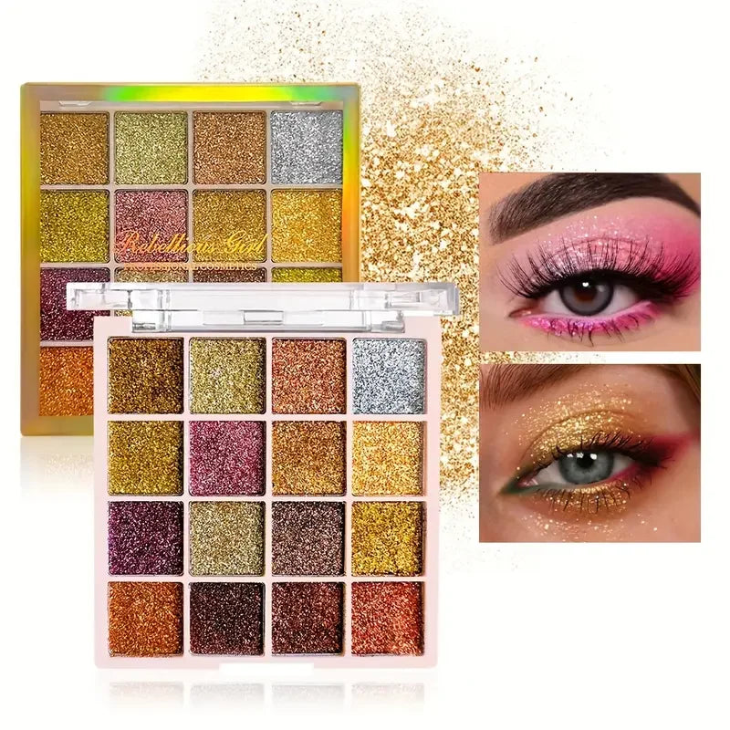 16-Color Glitter Eyeshadow – Pumpkin, Cherry, Blue, Purple Shades, Bold Party Looks, Long-Wear, Certified, Unisex, Skin-Friendly
