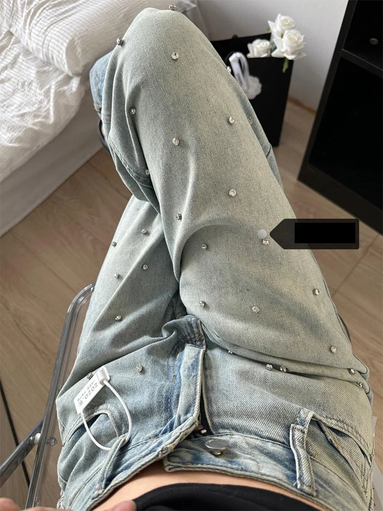 Jeans Spring High Waist Long Pant Women Diamond Bling Fashion Casual Loose Pleated Ladies Trousers Korean Wide Leg Woman Pants