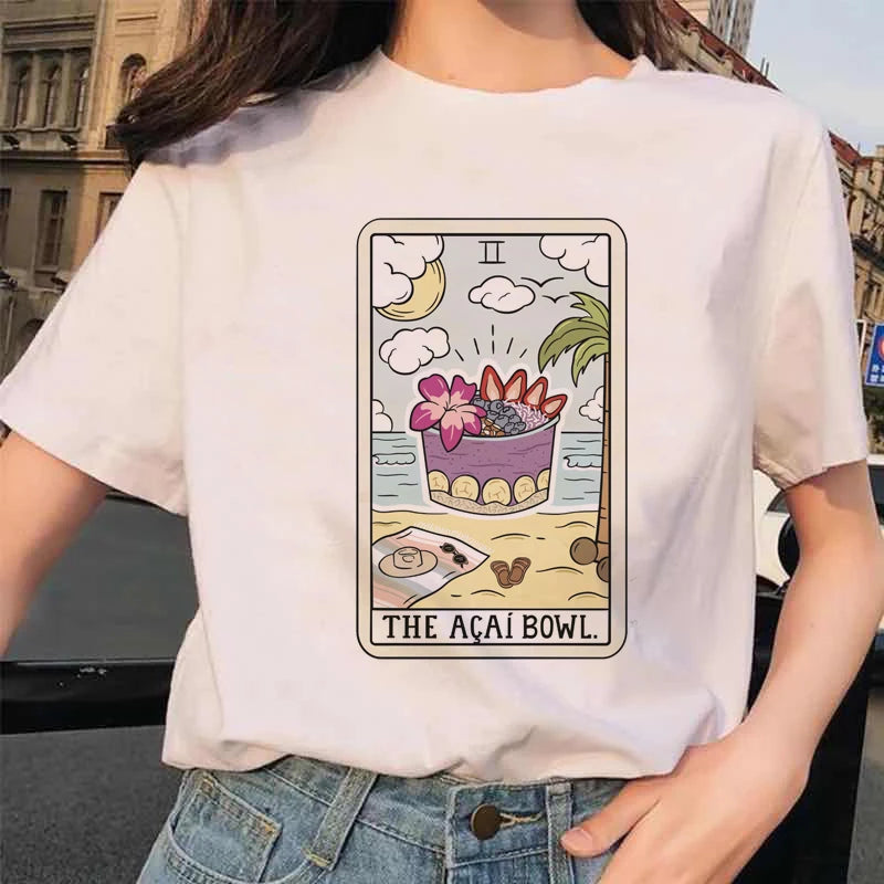 Women's Tarot Card Flower Funny Time Ladies Cartoon Fashion Short Sleeve Summer Printed T-shirt Women's T-shirt Top Pattern.