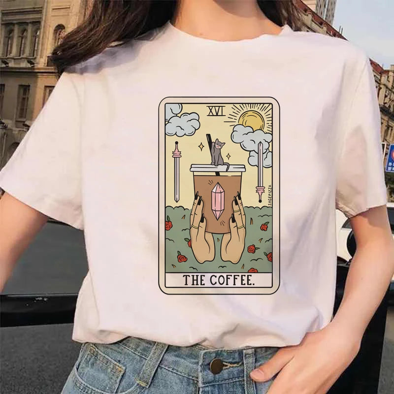 Women's Tarot Card Flower Funny Time Ladies Cartoon Fashion Short Sleeve Summer Printed T-shirt Women's T-shirt Top Pattern.